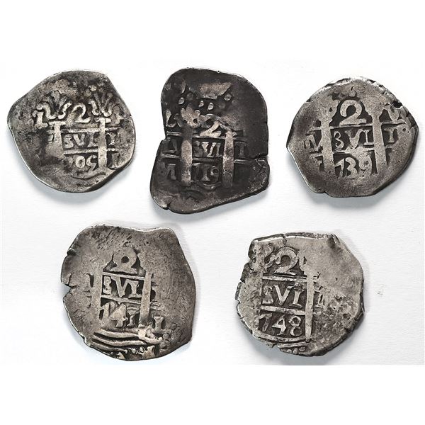 Lot of five Lima, Peru, cob 2 reales of Philip V and Ferdinand VI: 1705H, 1719M, 1739V, 1741(V) and