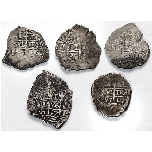 Lot of five Lima, Peru, cob 1R of Charles II: 1687R, 1689V, 1695R, 1696H and 1697H.