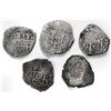 Image 1 : Lot of five Lima, Peru, cob 1R of Charles II and early Philip V: 1698H, 1699R, 1703H, 1705H, 1709M.