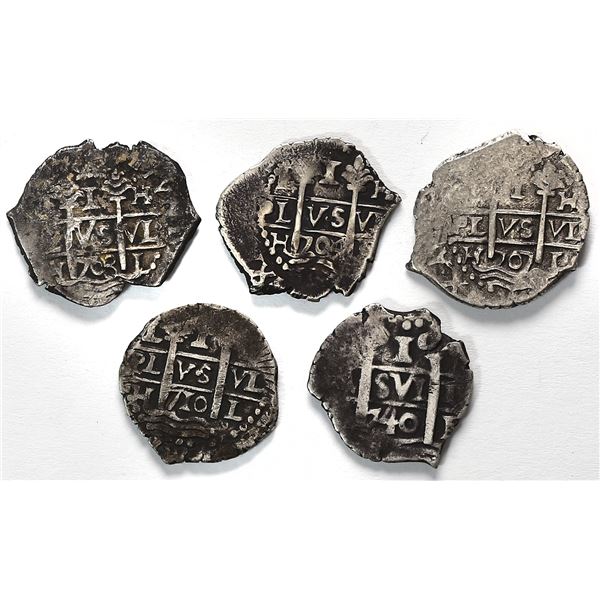 Lot of five Lima, Peru, cob 1R of Philip V: 1703H, 1704H, 1707H, 1710H and 1740(V).