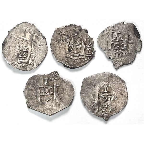Lot of five Lima, Peru, cob 1R of Philip V: 1716M, 1717M, 1720(M), 1722M and 1723M.