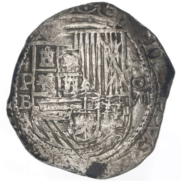 Potosi, Bolivia, cob 8 reales, Philip II, assayer B (5th period), borders of x's on both sides.
