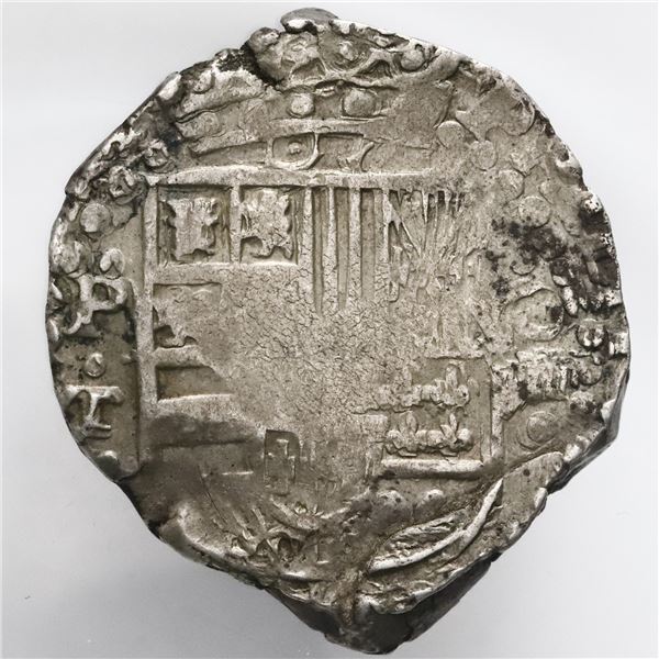 Potosi, Bolivia, cob 8 reales, Philip IV, assayer T (mid-1620s), quadrants of cross transposed.
