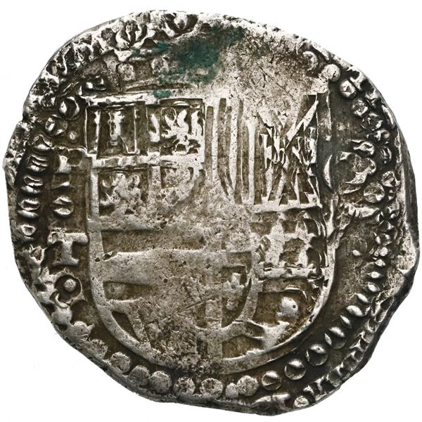 Potosi, Bolivia, cob 8 reales, Philip IV, assayer T (mid-1620s), quadrants of cross transposed.
