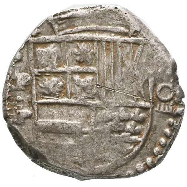 Potosi, Bolivia, cob 8 reales, Philip IV, assayer P (mid-1620s), quadrants of cross transposed, erro