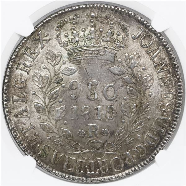 Brazil (Rio mint), 960 reis, Joao VI, 1819-R, struck over a Santiago, Chile, "volcano" peso (1817-18