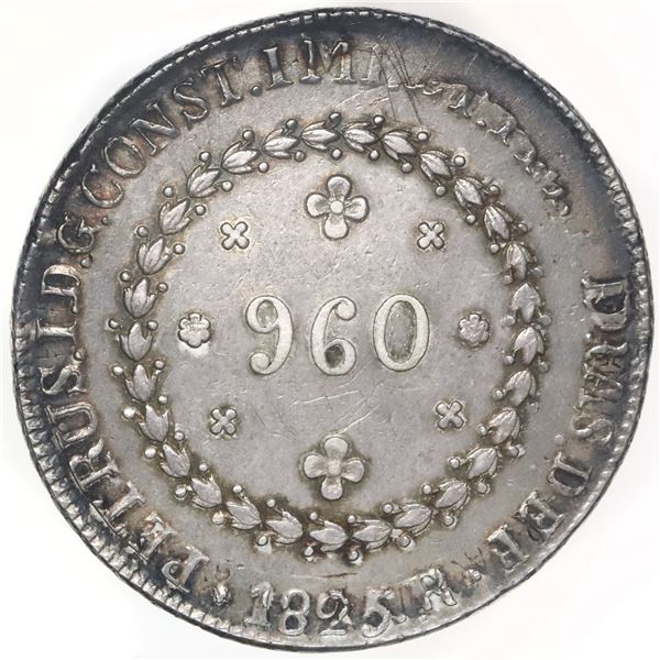 Brazil (Rio mint), 960 reis, Pedro I, 1825-R, struck over a Lima, Peru, bust 8 reales, Ferdinand VII