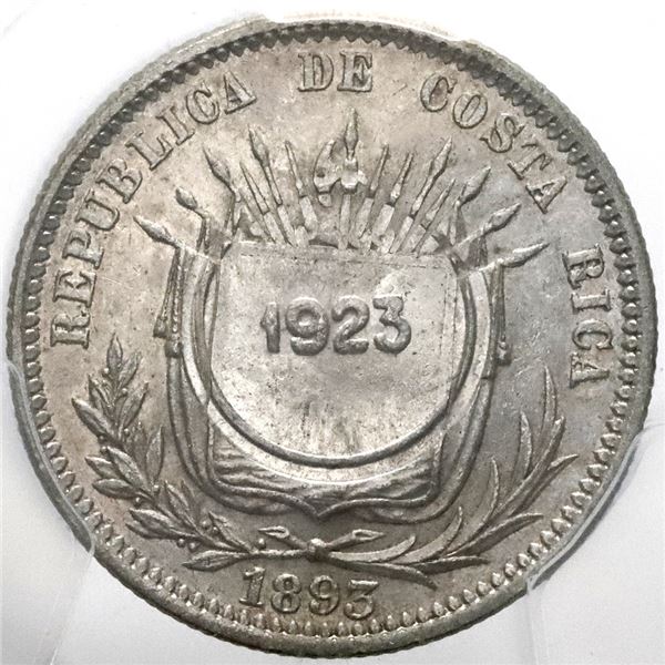 Costa Rica, 50 centimos, 1923 counterstamp (Type VIII) on a Costa Rico 25 centavos 1893-HEATON-BIRMM