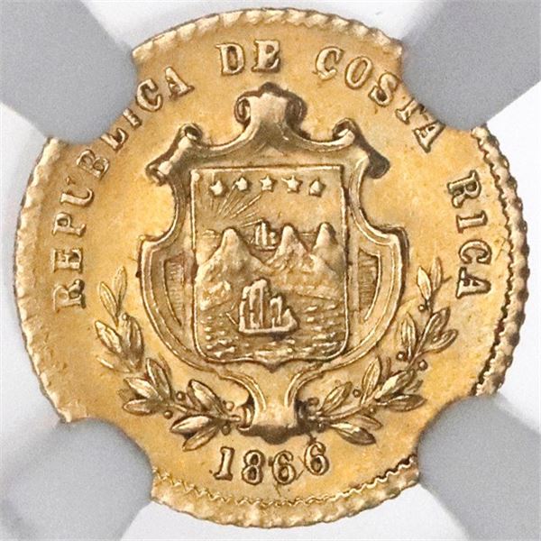 Costa Rica, gold 1 peso, 1866GW, small  UN,  with fineness, NGC AU 58.