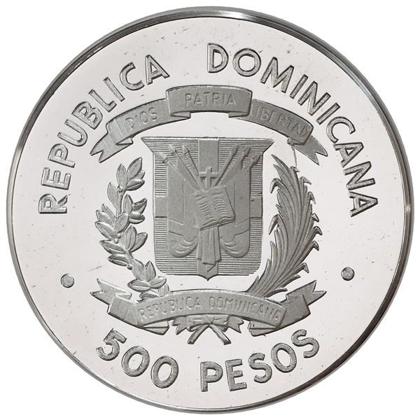 Dominican Republic, silver proof pattern 500 pesos, 1976, plain edge, first American visit of the Ki