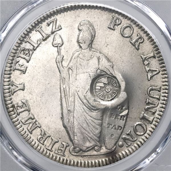 Guatemala, 8 reales, Type IV counterstamp (1841) on a Lima, Peru, 8 reales, 1833MM, PCGS AU details