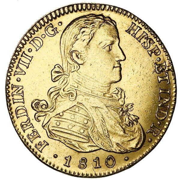 Mexico City, Mexico, gold bust 8 escudos, Ferdinand VII transitional ("armored" bust), 1810HJ.