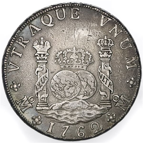 Mexico City, Mexico, pillar 8 reales, Charles III, 1762MM, cross between H and I.