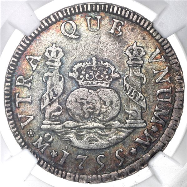 Mexico City, Mexico, pillar 2 reales, Ferdinand VI, 1755M, NGC XF 45.