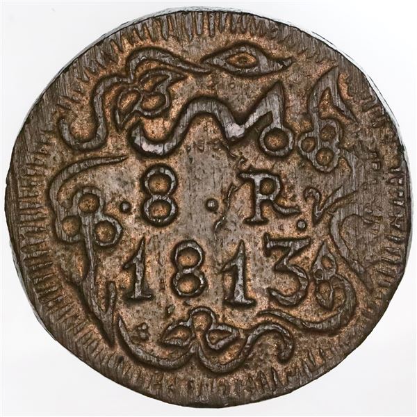 Oaxaca (Morelos/SUD), Mexico, copper 8 reales, 1813, ornate fields, NGC MS 63 BN.