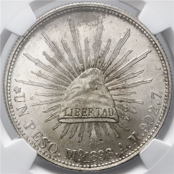 Mexico City, Mexico, cap-and-rays 1 peso, 1898AM, restrike issue, NGC MS 64.