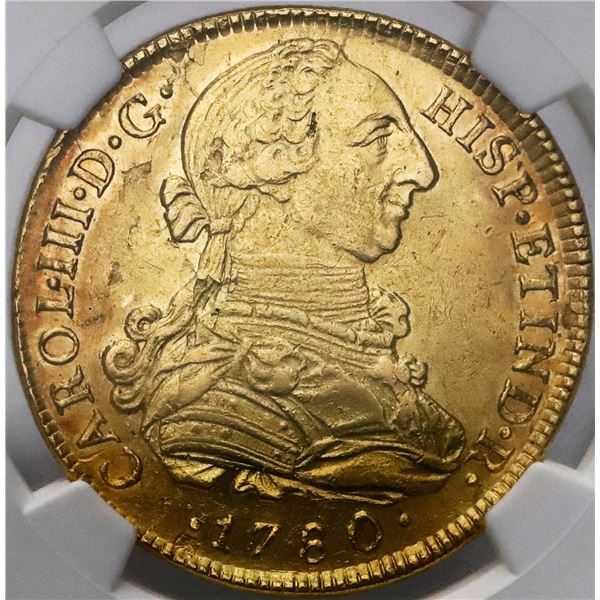 Lima, Peru, gold bust 8 escudos, Charles III, 1780MI, NGC AU details / cleaned.