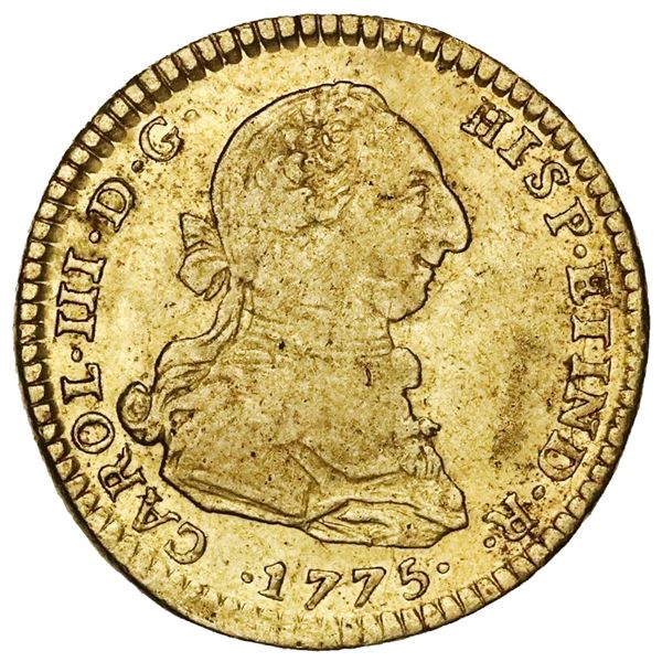 Lima, Peru, gold bust 2 escudos, Charles III, 1775MJ.