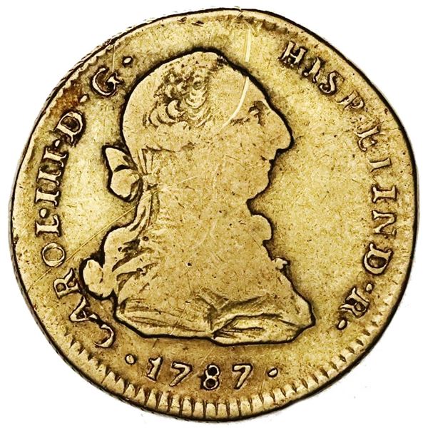 Lima, Peru, gold bust 2 escudos, Charles III, 1787MI.