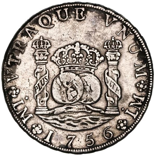 Lima, Peru, pillar 8 reales, Ferdinand VI, 1756JM, dots over both mintmarks, NGC XF details / obv gr