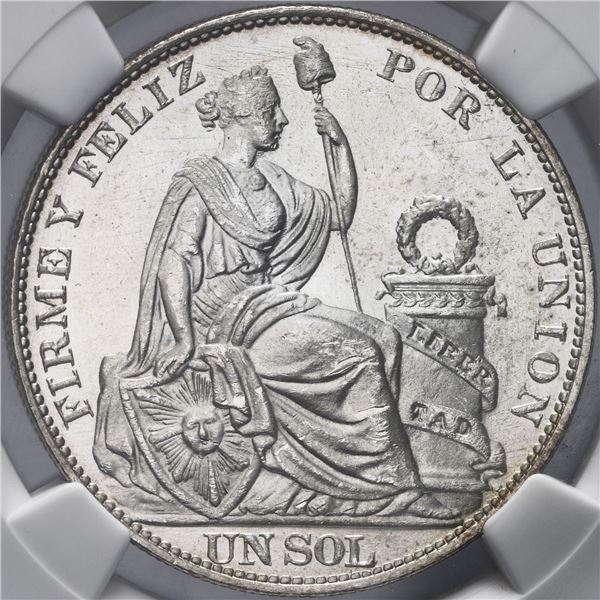 Lima, Peru, 1 sol, 1916FG, incuse LIBERTAD, NGC MS 64.