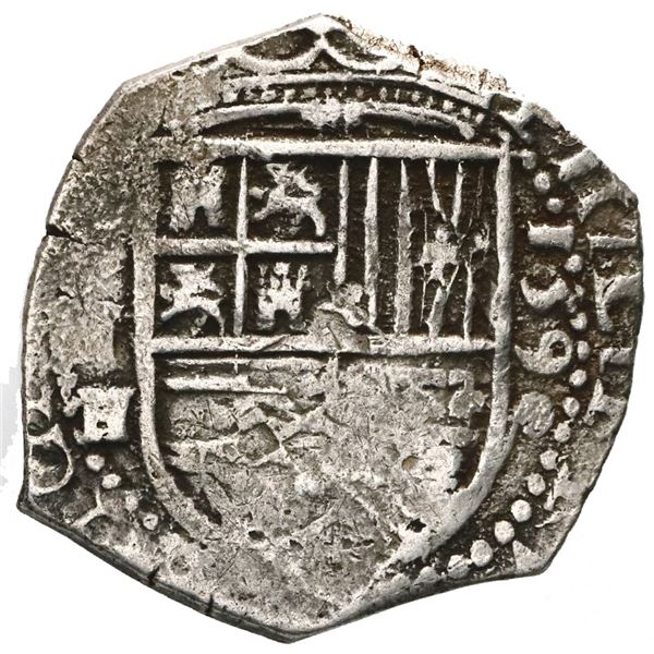 Seville, Spain, cob 2 reales, 1590 date to right, assayer H below mintmark S and denomination II to 