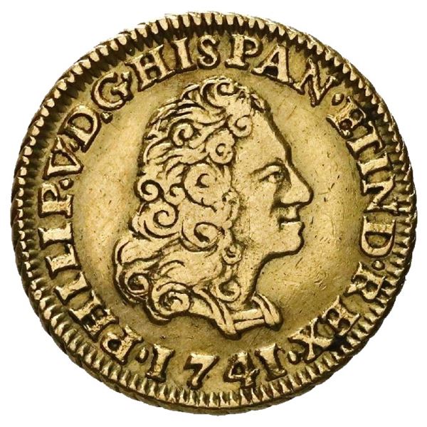 Seville, Spain, gold bust 1 escudo, Philip V, 1741/0PJ.