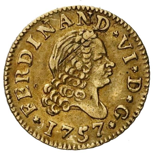 Madrid, Spain, gold bust 1/2 escudo, Ferdinand VI, 1757JB.