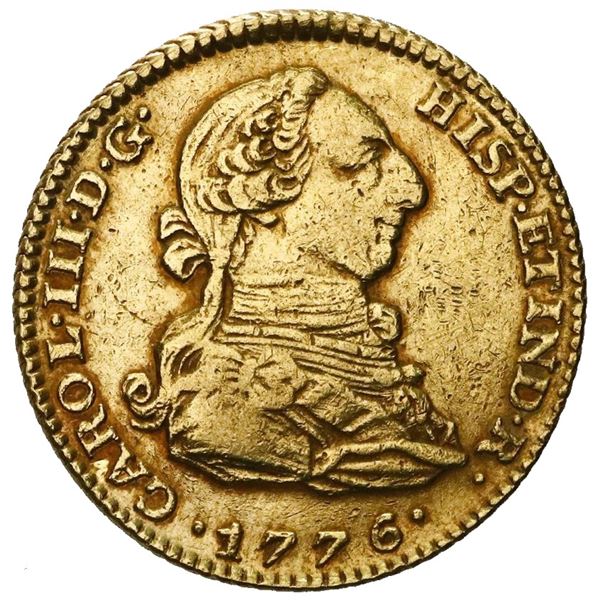 Madrid, Spain, gold bust 2 escudos, Charles III, 1776PJ.