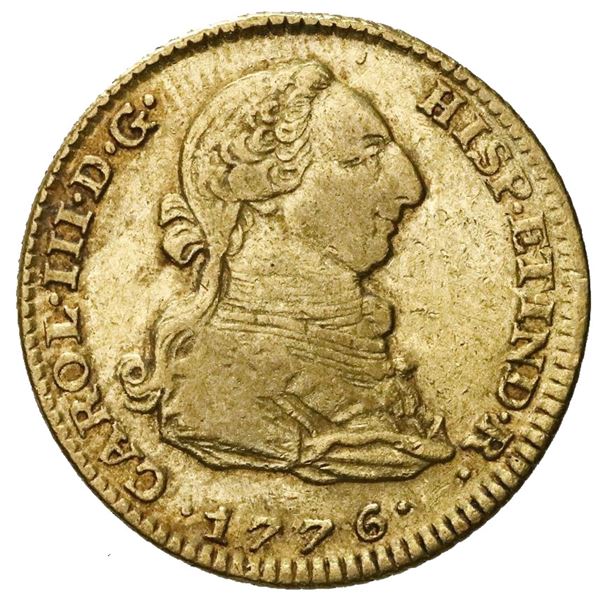 Madrid, Spain, gold bust 2 escudos, Charles III, 1776PJ.