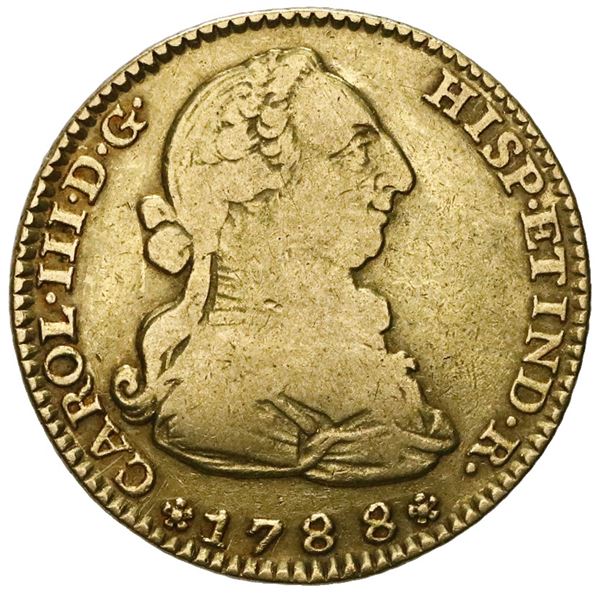 Madrid, Spain, gold bust 2 escudos, Charles III, 1788M.