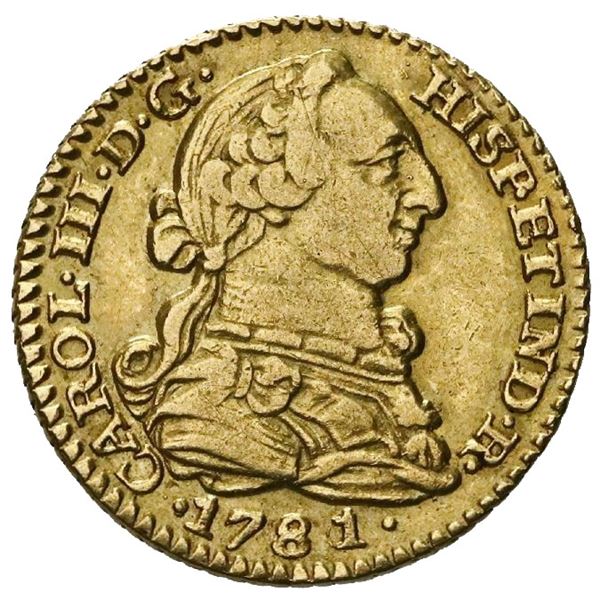 Madrid, Spain, gold bust 1 escudo, Charles III, 1781/0PJ.
