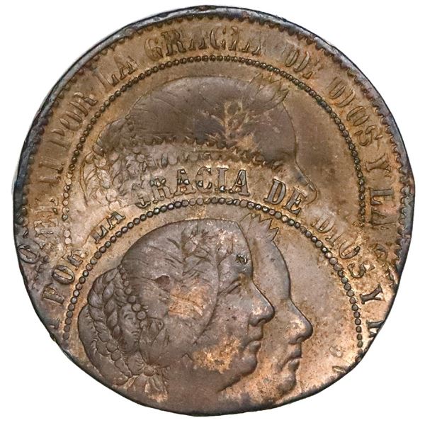 Barcelona, Spain, bronze 2-1/2 centimos de escudo, Isabel II, date not visible (1866-8), rotated sec