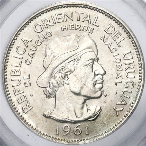 Uruguay, 10 pesos, 1961, Sesquicentennial of Revolution Against Spain, PCGS Gem UNC / 9-11-01 WTC Gr