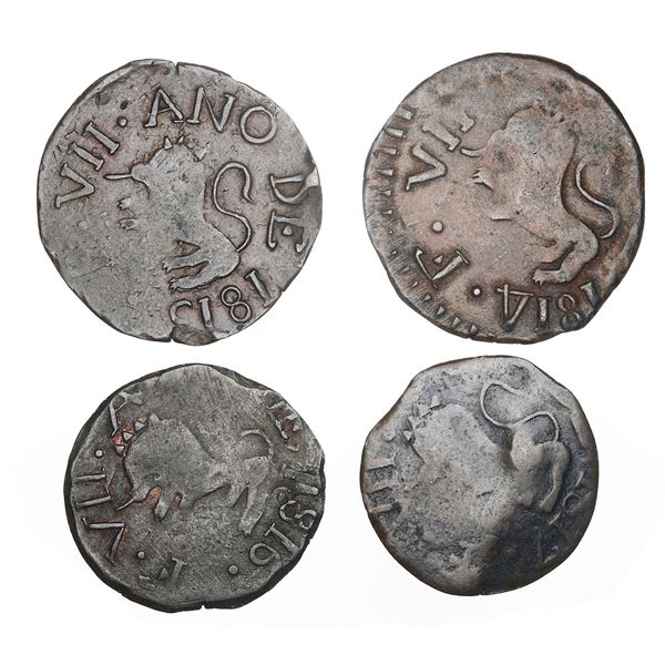 Lot of four Guayana, Venezuela (royalist) copper 1/2R, dates 1814 (facing inward), 1815, 1816 and 18