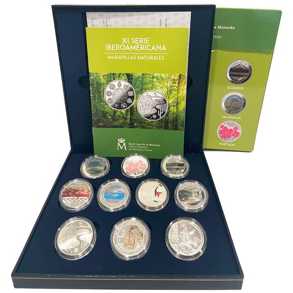 Mint set of 10 Iberoamericana coins, Series XI, 2017, Natural Wonders, in original mint packaging.