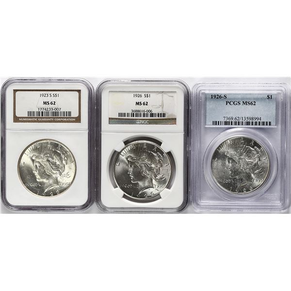 Lot of three USA Peace dollars: 1923-S, NGC MS 62; 1926, NGC MS 62; 1926-S, PCGS MS 62.