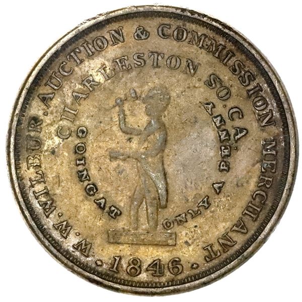 Charleston, South Carolina, brass 1-cent token, 1846, W.W. Wilbur, Auction & Commission Merchant, pe