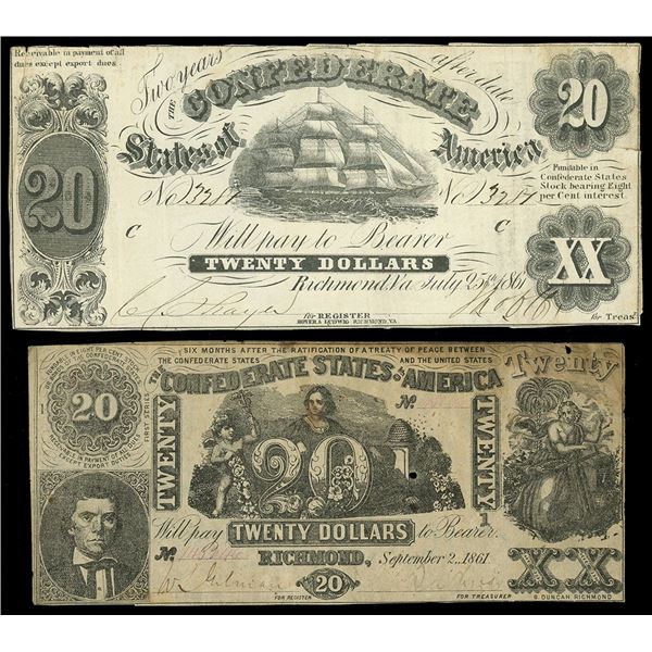 Lot of two CSA $20 notes: July 25, 1861, serial 3287, plate C; Sept. 2, 1861, serial 145246, first s