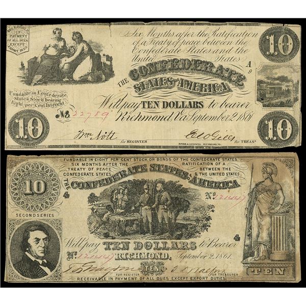 Lot of two CSA $10 notes of Sept. 2, 1861: serial 22789, plate A9; serial 121445, second series.