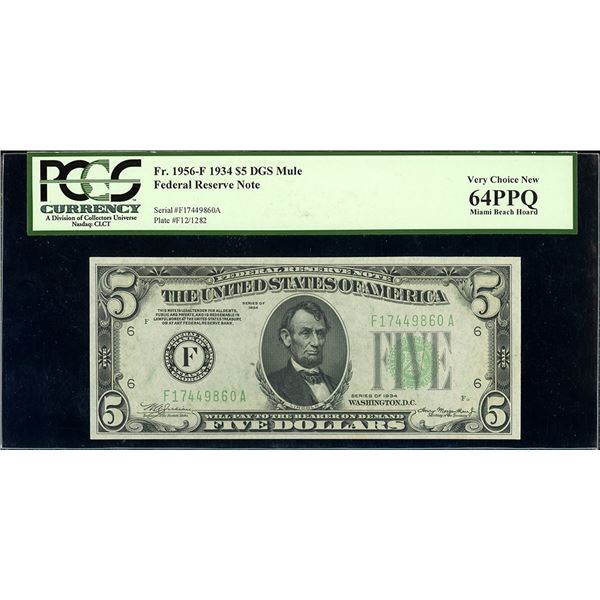 USA, Federal Reserve Bank of Atlanta, $5, series of 1934, serial F17449860A, Julian-Morgenthau, dark