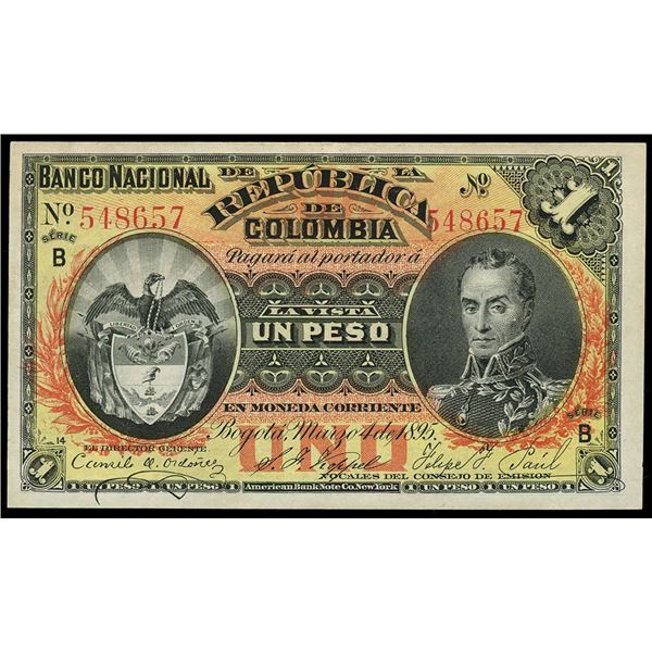 Bogota, Colombia, 1 peso oro, 5-3-1895, series B, serial 548657.