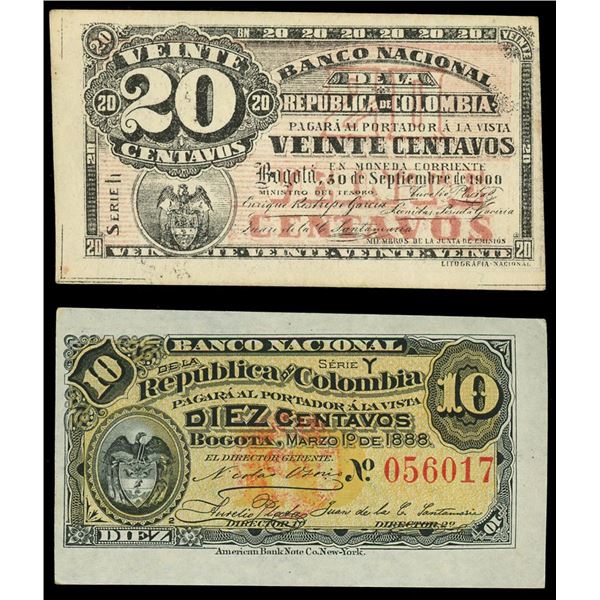 Lot of two Bogota, Colombia, Banco Nacional de la Republica notes: 20 centavos, 30-9-1900, series h,