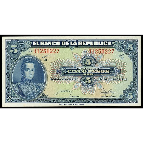 Bogota, Colombia, Republica de Colombia, 5 pesos oro, 20-7-1946, series M, serial 31250227.