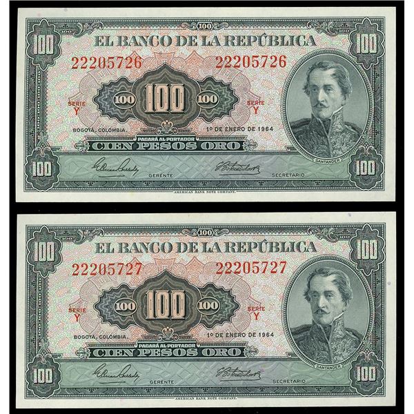 Lot of two Bogota, Colombia, Banco de la Republica, 100 pesos oro, 1-1-1964, series Y: serials 22205