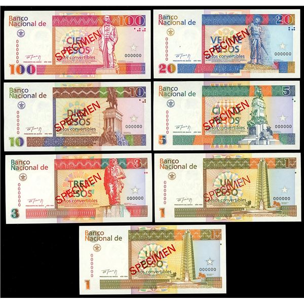 Set of seven Cuba specimen notes, 100 pesos to 1 peso, 1994, along with four exchange certificates.