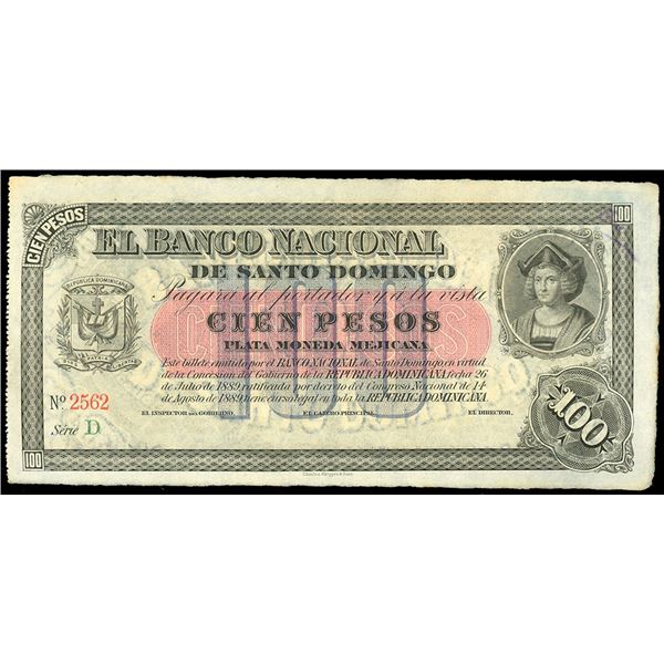 Santo Domingo, Dominican Republic, Banco Nacional de Santo Domingo, 100 pesos remainder, 14-8-1889 (