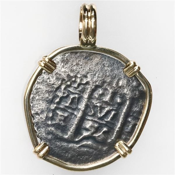 Potosi, Bolivia, cob 1 real, 1656E, ex-Consolacion (1681), mounted cross-side out in 14K gold bezel 