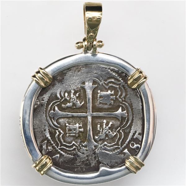 Mexico City, Mexico, cob 2 reales, Philip III, assayer F, mounted cross-side out in thick silver bez