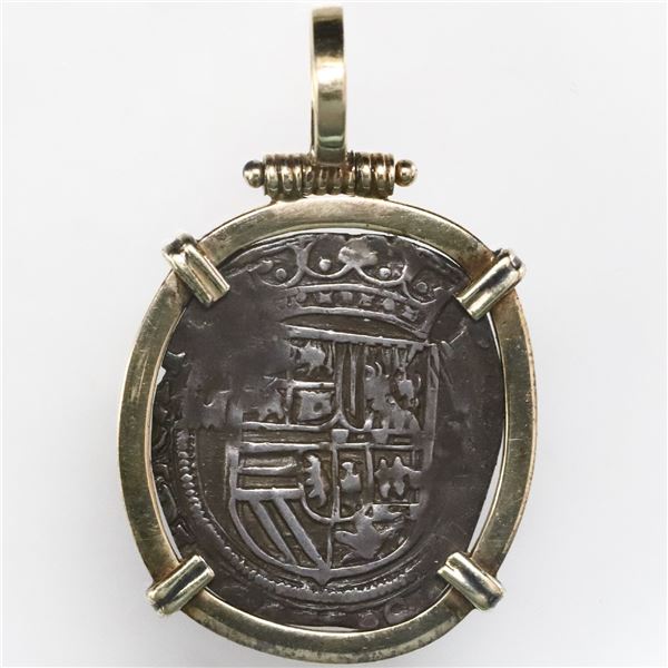 Mexico City, Mexico, cob 1 real, Philip II, assayer O to right, mintmark oM to left, mounted in 14K